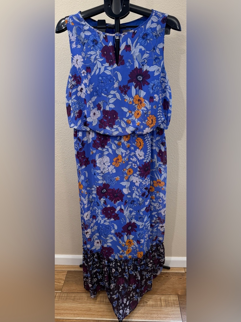 Chico's Blue Floral Sleeveless Maxi Dress 12 | Garden Party Vacation Resortwear